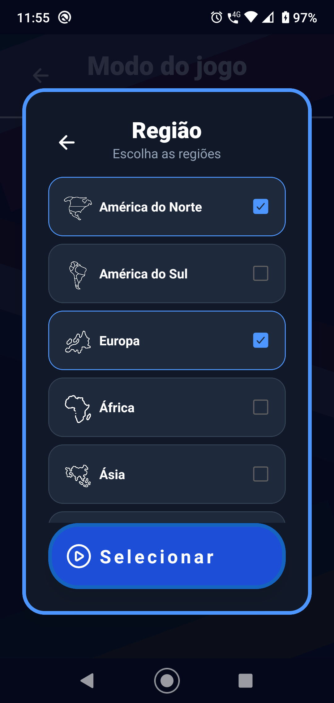 Tela de Seleção por Região